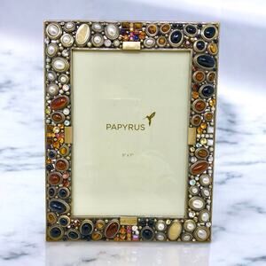 Papyrus NWT Gemstone Photo Frame Enameled White & Black Brown Brass 5 x 7